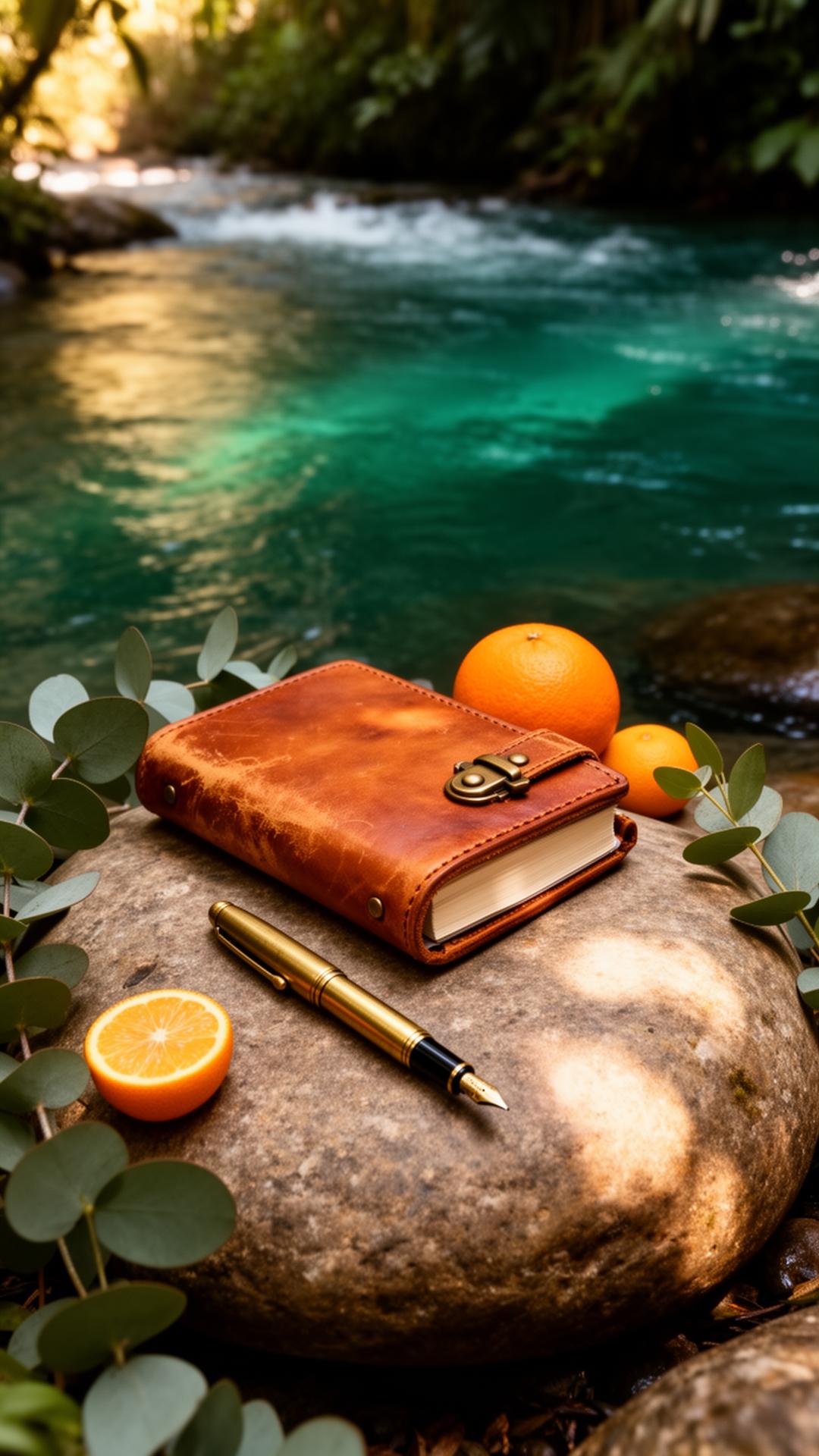 A worn leather journal, brass pen, citrus and eucalyptus by a clear teal river — a self-portrait in five senses